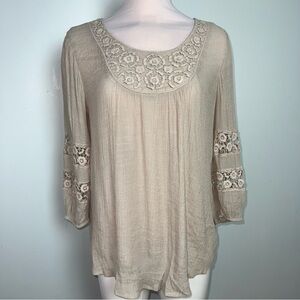Krazy Kat Taupe Lace Crochet Boho Tunic Top Peasant Blouse Women’s Size L